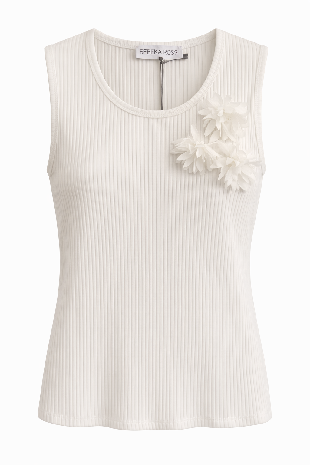 Rebeka Ross · Top donna smanicato costine applicazioni floreali