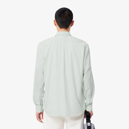 Camicia Lacoste Uomo Regular Fit a Righe in Popeline di Cotone Bianco Verde