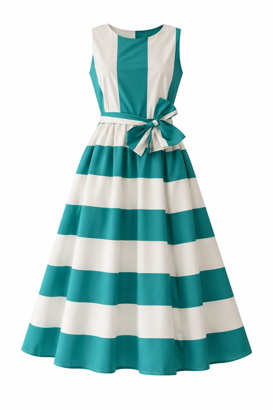 Rebeka Ross · Abito donna smanicato righe con cintura verde bianco