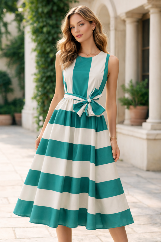 Rebeka Ross · Abito donna smanicato righe con cintura verde bianco