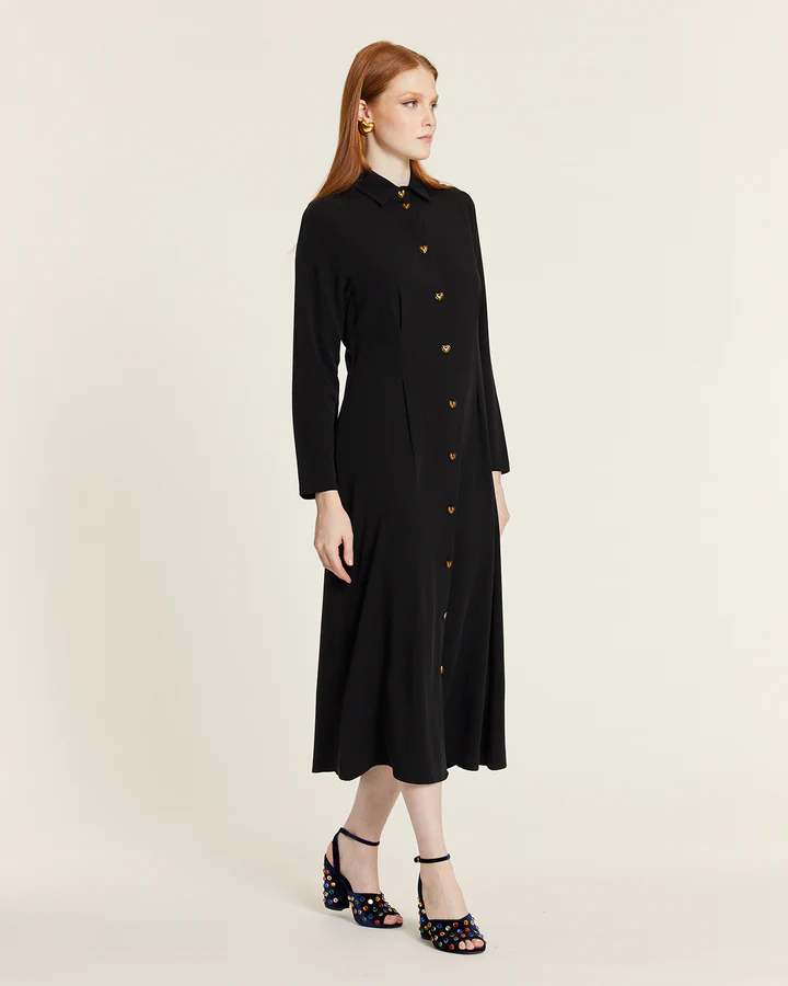 Abito Lungo Donna Pepaloves con Bottoni a Cuore – Nero, Manica Lunga