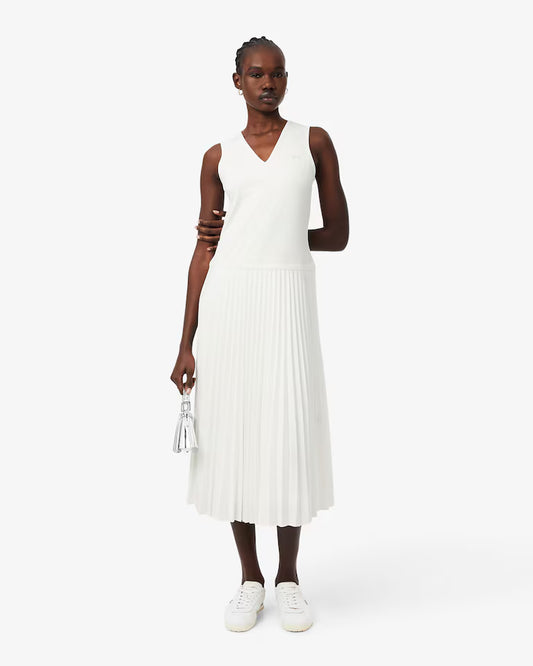 Lacoste · Abito donna lungo plissettato scollo V bianco